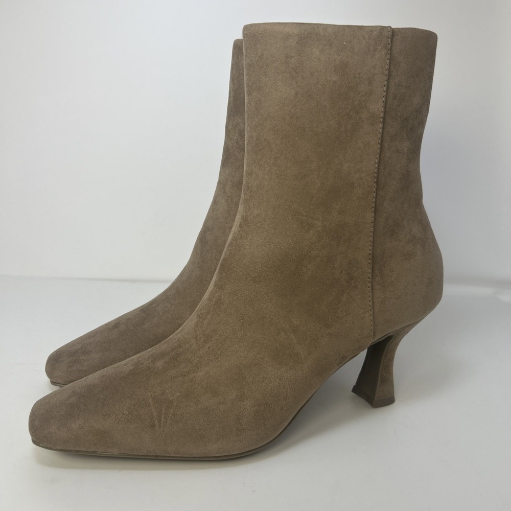Anne Klein Pablo Women's Bootie Size 9.5 M Taupe Suede Snip Toe Flare Heel NIB